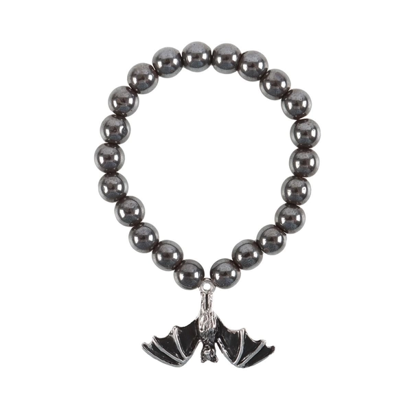 Hanging Bat Hematite Charm Bracelet - Healing Gothic Jewelry for Protection