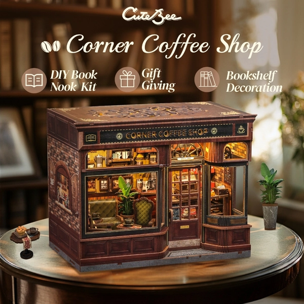 CUTEBEE DIY Dollhouse Miniature House Handmade Toys Mini House for Children Adult—Corner Coffee Shop