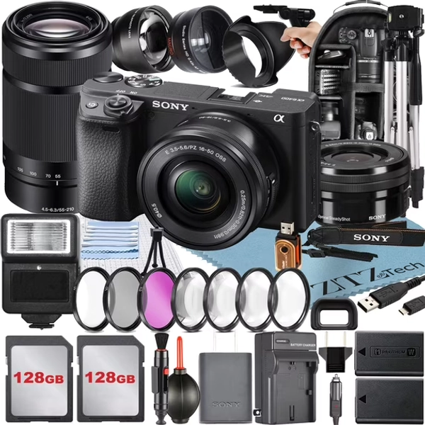 Sony Alpha a6400 Mirrorless Digital Camera with E PZ 16-50mm + E 55-210mm OSS Lens + 2 Pack 128GB Card + Backpack + ZeeTech Accessory Bundle (International Version)