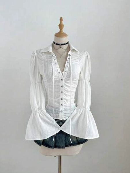 Elamini Damska biała koszula z długim rękawem, elegancki styl, uniwersalna na co dzień do pracy jesienią/zimą, luźny krój, teksturowany materiał