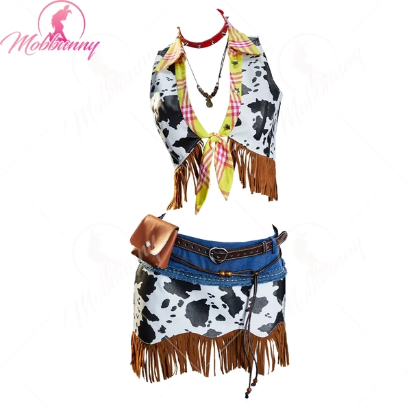 Mobbunny Costume de Cowgirl pour Femme, Style Hippie, Déguisement Cosplay, Haut et Jupe en Jean avec Gants et Ceinture, Halloween