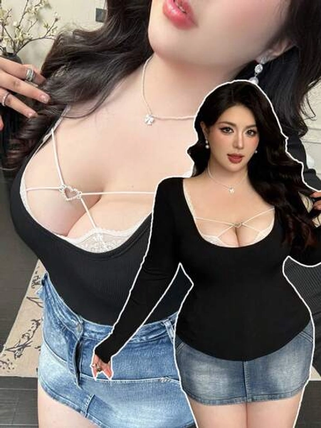 Vibekara Spring, Fall, Winter, Spring/Fall, Fall/Winter, Elegant Lace Trim Mock Neck Long Sleeve Cover Up T-Shirt For Women, Fitted, Fashionable Niche Design Patchwork Top Curvy Tops Curve Plus Tops Singlet Cleavage Top Plus Size Woman Plus Size Bodysuit