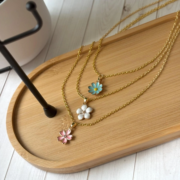 3 strand necklace: 3 enameled flower charms, PJM Jiminie inspired Paris fashion week, choose from rose gold plated or 18k gold plated