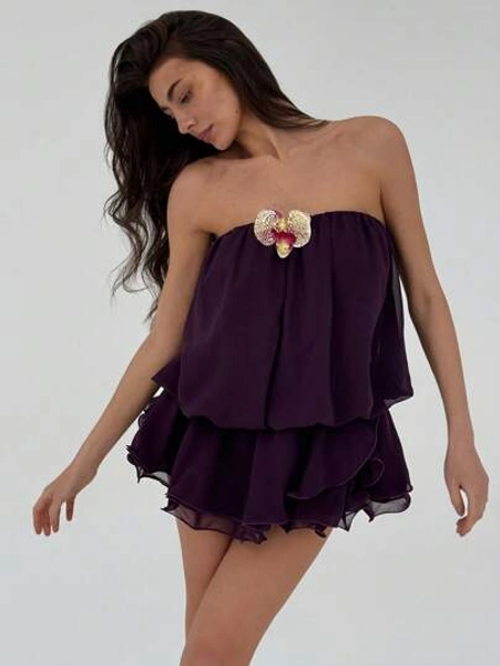 Aloruh Purple Women's Casual Sexy Beach Chiffon Splice Mini White Vest Dress