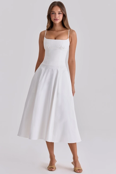 Liora White Cotton Broderie Anglaise Trim Midi Sundress