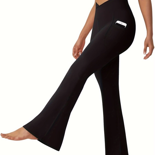 TEMU Women's High-waist Flare Yoga Pants With Pockets, Stretch Tummy Control Bootcut Dance Slimming Workout