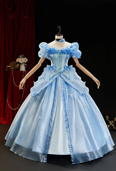 Premium Ver Cinderella Cosplay Costume Princess Puff Sleeve Dress with Choker and Headband
