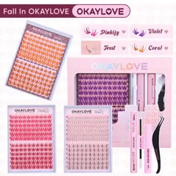 OKAYLOVE Colorful Lash Clusters Kit Frost|Violet|Pinkfy|Coral Lash Extension Kit with Long-lasting Lash Bond and Seal,Tweezers and Remover for DIY Eyelash at Home for Party for Festival Girl Gifts DealsForYouDays