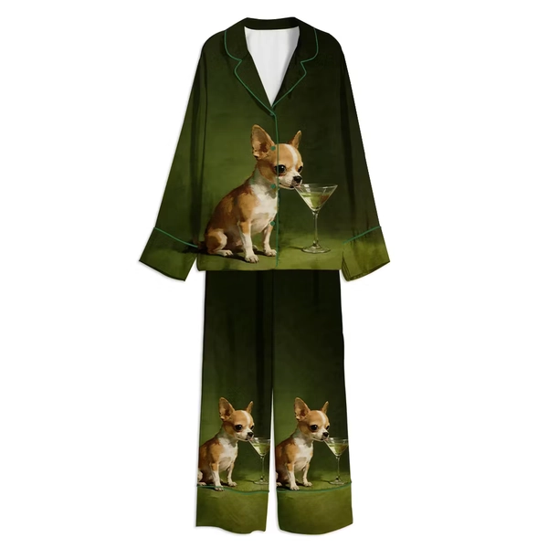 Tokyover Vintage Chihuahua With Martini Glass Art Unisex Long Sleeve Silky Satin Pajama Set