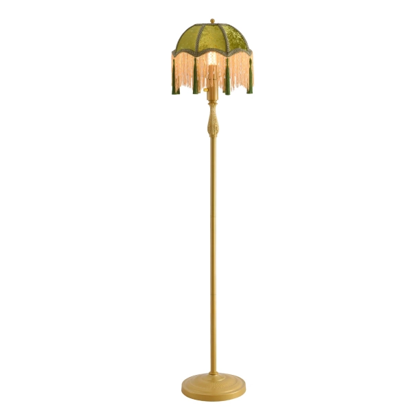 Vintage Floor Lamp With Green Tasseled Shade, Gold Stand, Retro Style Living Room Lighting