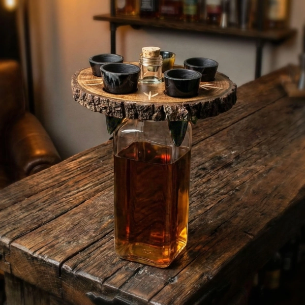 Drinking Horn Shot Glass Set and Holder - Handmade from Ox Horn and Hardwood - Includes 5 Horn Tips (2 oz capacity) - Men's Viking Gifts