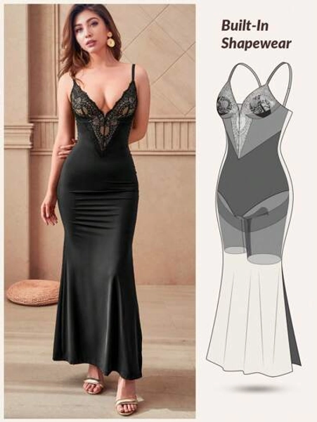Elegant Deep V Lace Neck High Split Mermaid Bodycon Dress With Built-In Bra, Casual, Night Out, Cocktail, Wedding Guest, Birthday, Back To School, Halloween