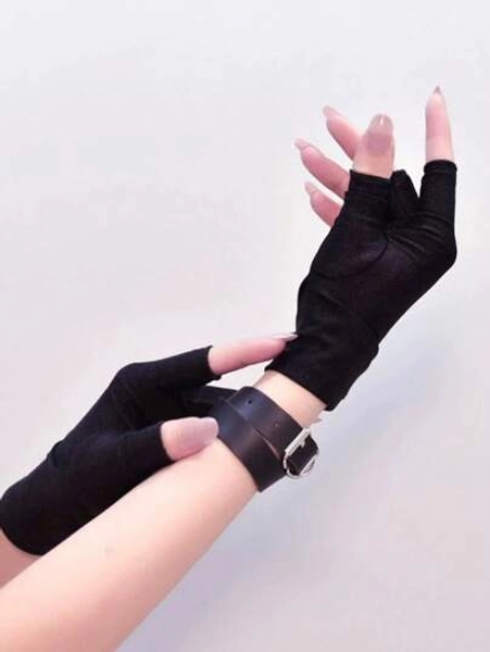 Grunge Punk Guantes cortos sin dedos de estilo gótico Y2K negro para mujer, Halloween