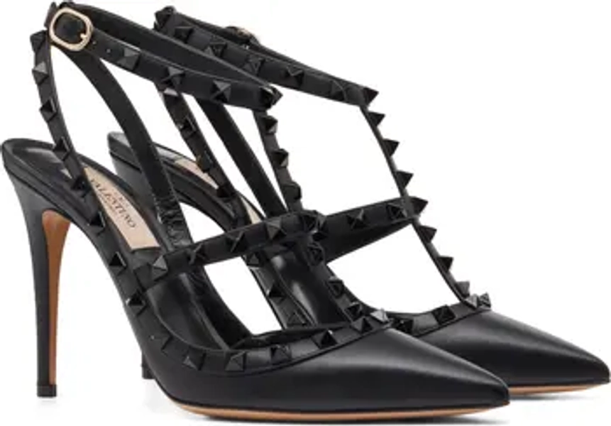 Rockstud Patent T-Strap Pointed Toe Pump