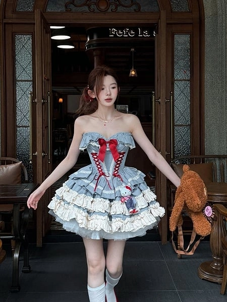 [$109.00]Blue Lace-up Boned Corset Top + Puffy Skirt + Bolero Full Set