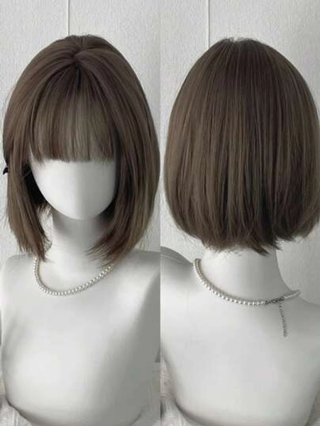 Dark Brown Short Bob Wig,Straight Dark Brown Bob Wig With Bangs,12 Inch,Synthetic Fiber,Suitable For Women Daily And Party Use.
