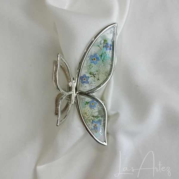 Blue Forget-me-nots & Wildflowers Silver Metal Hair Claw