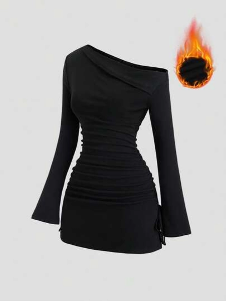 Sweetra Women's Asymmetric Ruffle Shoulder Wrap Dress, Long Sleeve, Suitable For Halloween, Outings, Commuting, Travel, Dates, Black