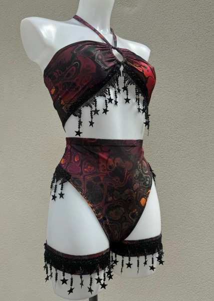 Dark Ink Star Festival Outfit: Rave Sequin Bikini Set with Leg Cuff Garter Accessories