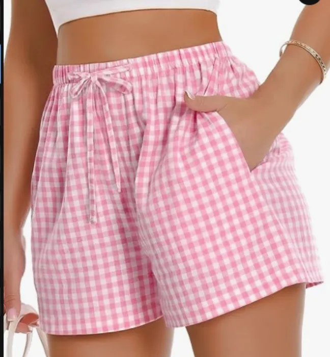 Women Boxer Shorts Comfy Gingham Drawstring Pajama Bottom with Pockets - Pink