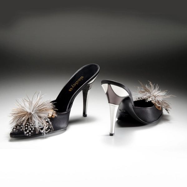 Latex Satin Bedroom Slippers w/ feather accessory in black