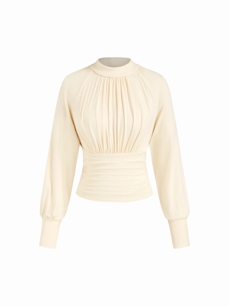 High Neck Long Sleeve Ruched Cinched Waist Blouse