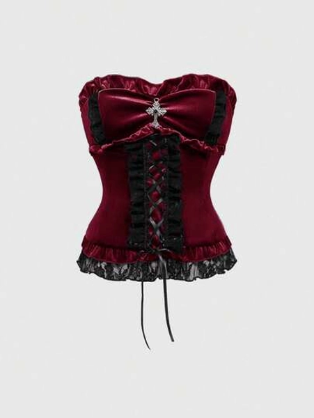 ROMWE Goth Top Tubinho Feminino de Veludo com Renda Gótica - Tamanho S