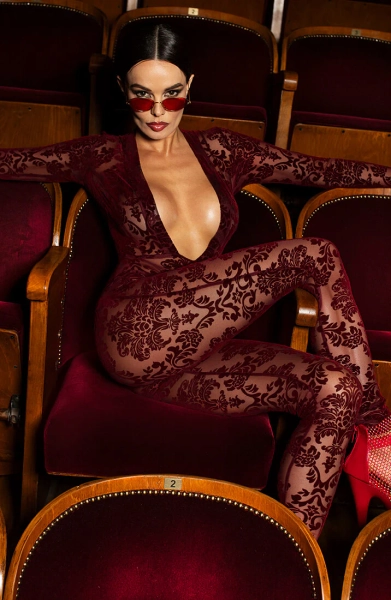 Sheer Burgundy Catsuit with Flock Embroidery - Nocturne Desire - XS