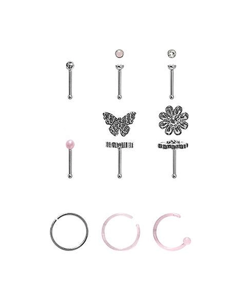 Multi-Pack Clear and Pink CZ Butterfly Flower Silver-Tone Nose Pins and Hoops 9 Pack - 20 Gauge