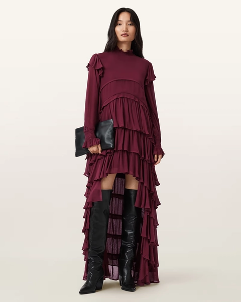 Cavarly Tiered Ruffle Maxi Dress TAWNY PORT RED | ALLSAINTS US