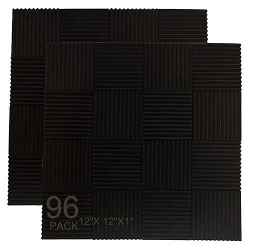 96 Pack Allxinlog Absorb the echo Acoustic Foam Panel Wedge Studio Soundproofing Wall Tiles 12" X 12" X 1" (96-BLACK) - Black