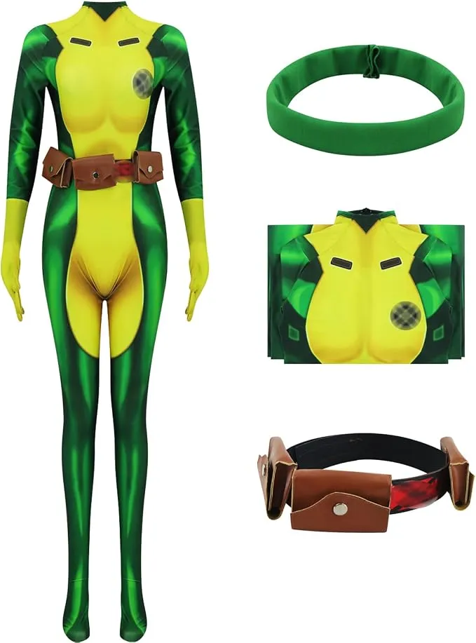 AYYOHON Rogue Cosplay Costume Superhero Rogue Green Bodysuit Women Rogue Zentai Jumpsuit for Adult Halloween Outfits