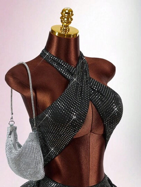 Amplova Vestido mini con cruce delantero de lentejuelas sexy para fiesta de Navidad