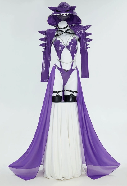 PM Derivative Sexy Lingerie Set Purple Cutout Bodysuit and Hooded Coat with Skirt and Choker