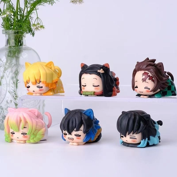 Random One | Anime Characters from Demon Slayer, PVC Material, Sitting Pose, Inosuke, Tanjiro, Zenitsu, Izuku, Rui, Model Figurines, Desktop Case Decoration