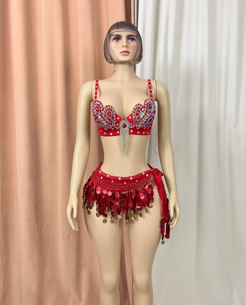 Samba Belly Dance Costume FREE SHIPPING Hand Beaded Red Color Bra and Scarf