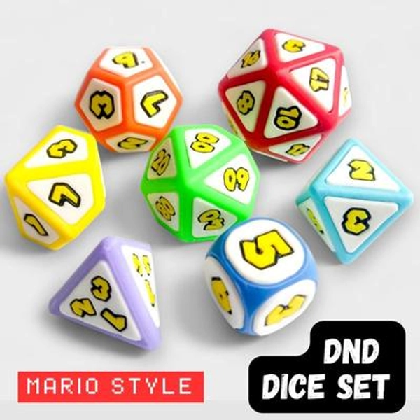 DnD Dice Set Mario Themed - Polyhedral Dice for RPG - D4 D6 D8 D10 D% D12 D20 - Question Thwomp Box - Tabletop Games Dice Box - Role Playing