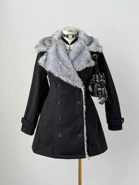Sunspun Plus Size Women Overcoat With Faux Fur Collar And Double-Breasted Button Closure