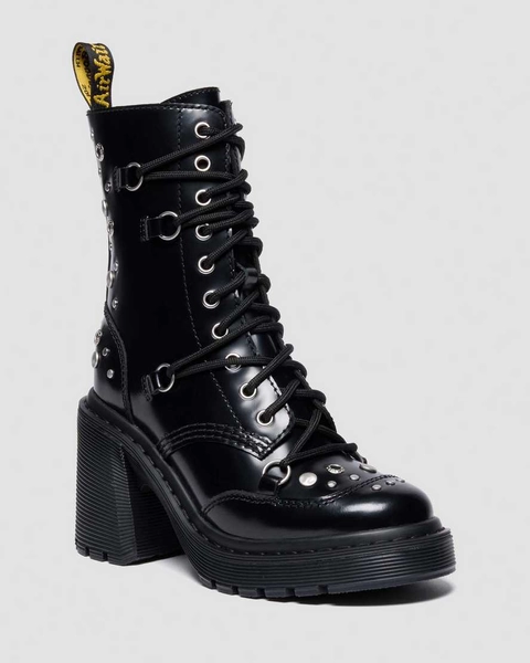 DR MARTENS CHESNEY STUDDED BUTTERO LEATHER FLARE HEEL BOOTS