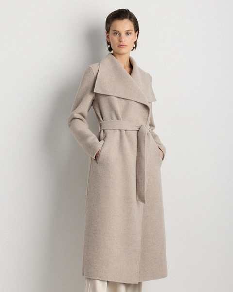 Double-Faced Merino Wool Draped Collar Wrap Coat in Black