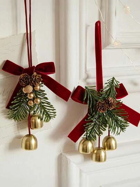 2pcs Velvet Bow Pinecone Bell Pendant, Suitable For Decorating Doorknobs, Living Room Hangings, Christmas Tree Ornaments Christmas Decorations Winter Room Decor