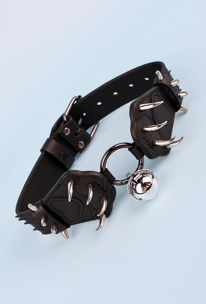 Handmade Black Leather Spiked Collar with Cat Paws