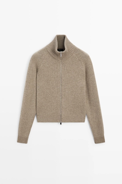 100% cashmere zip knit cardigan -Taupe Grey