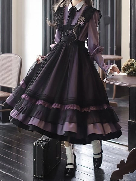Purple Lace Trim and Black Mesh Apron Dress with Embroidery Detail at Front