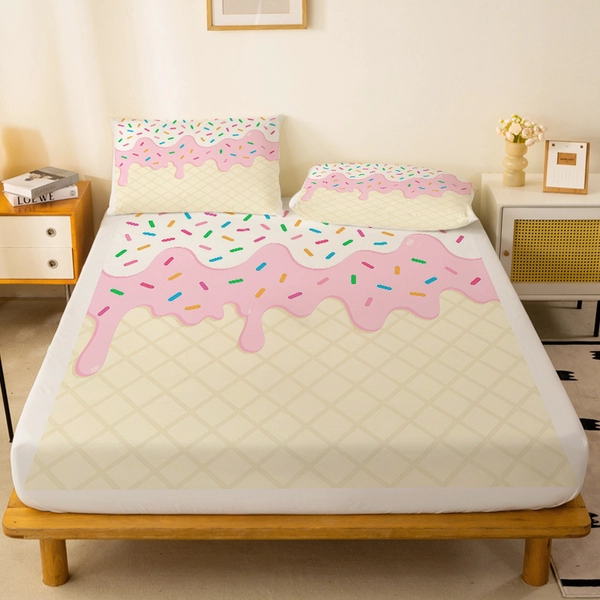 1pc Pink Candy Sprinkles on Wafer Pattern Fitted Sheet, Independent Deep Pocket Fitted Sheet, No Pillowcase, Washed Soft Fabric Close-Fitting Comfortable 360° Full Wrap Non-Slip Mattress Protector Suitable for Bedroom, Double Extra Large