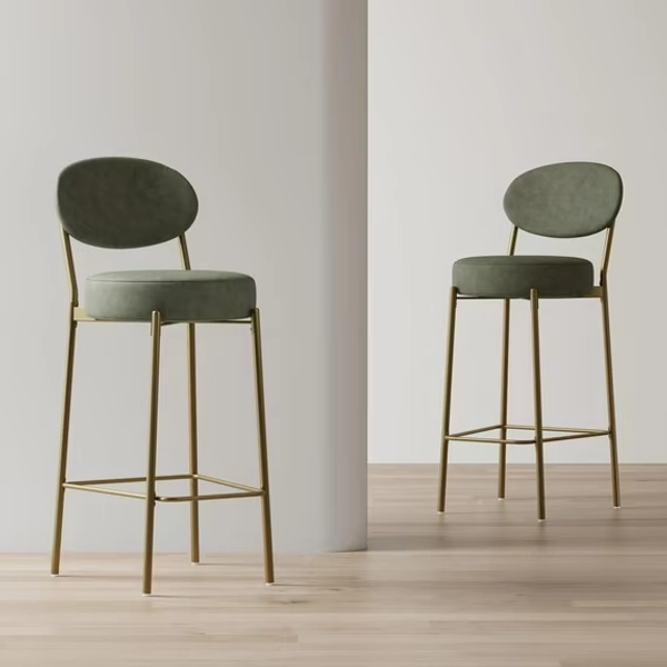 Set of 2 Upholstered Bar Stools with Backrest and Footrest, Velvet Counter Stool with Gold Metal Legs, Round Dining Chairs for Kitchen Island, Home Bar, Green