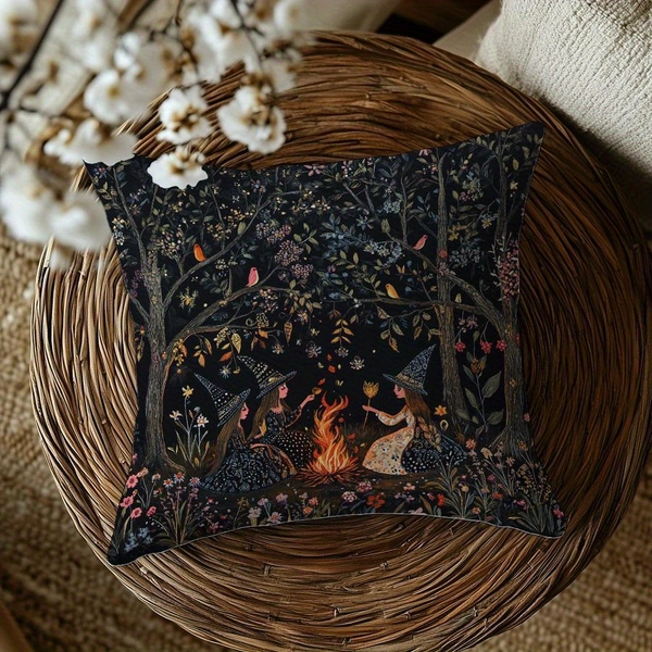 1pc Enchanted Forest & Fire Witch Scene Throw Pillow Cover, 44.96x44.96 cm, Plush Polyester, Machine Washable with Zipper, Ideal for Bedroom & Living Room Decor, Cozy Home Accent | Mystical Decor | Zippered Pillowcase, Witch Decor, for Halloween