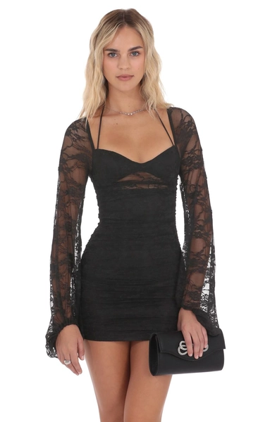 Lace Ruched Long Sleeve Dress