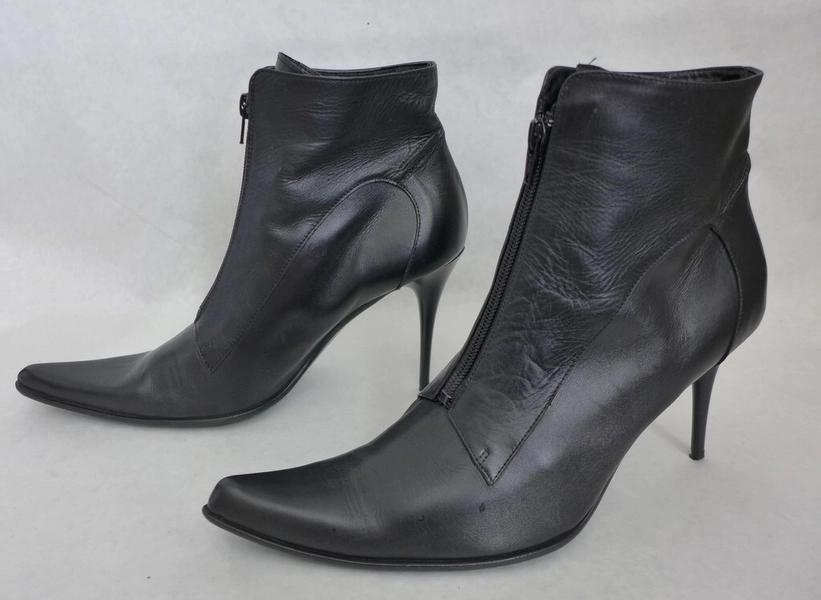Made in ITALY Marc Lanno Front Zip Black Leather Pointed Toe Ankle Booties 41