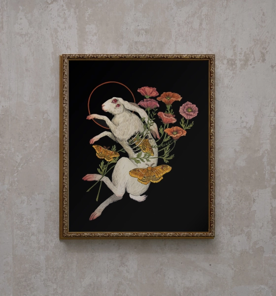 White Rabbit with Poppy flowers- Giclee Print from original hand-painting by Albino Jackrabbit